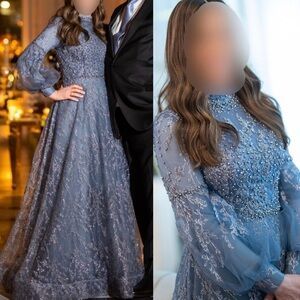 Elegant Blue Lace Evening Gown